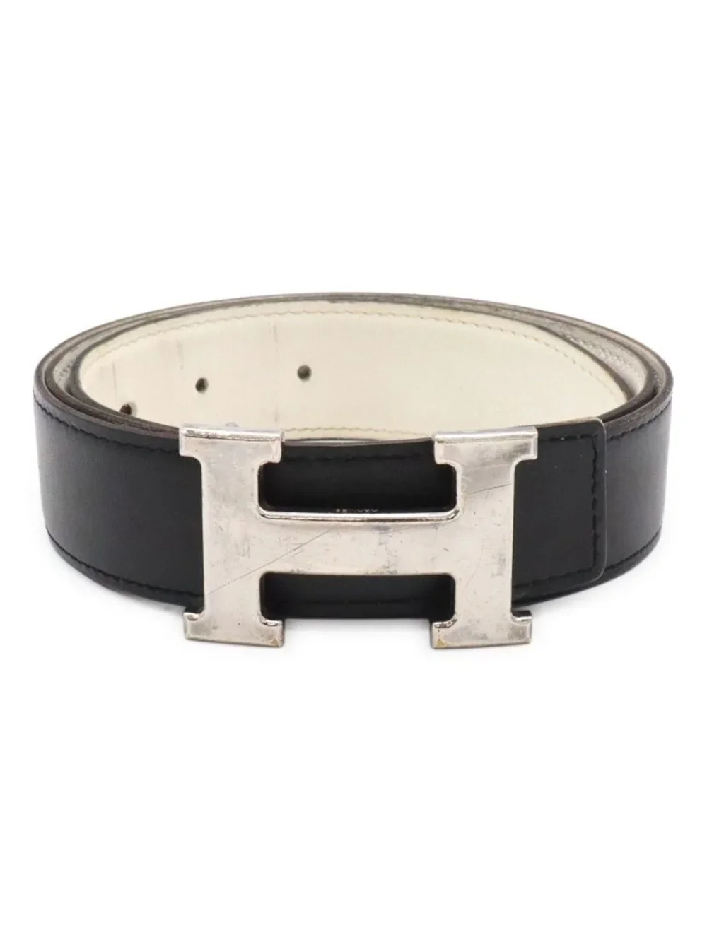 Hermes Belt Buckle Reversible Box Calf Veau Epsom Black White Silver 85